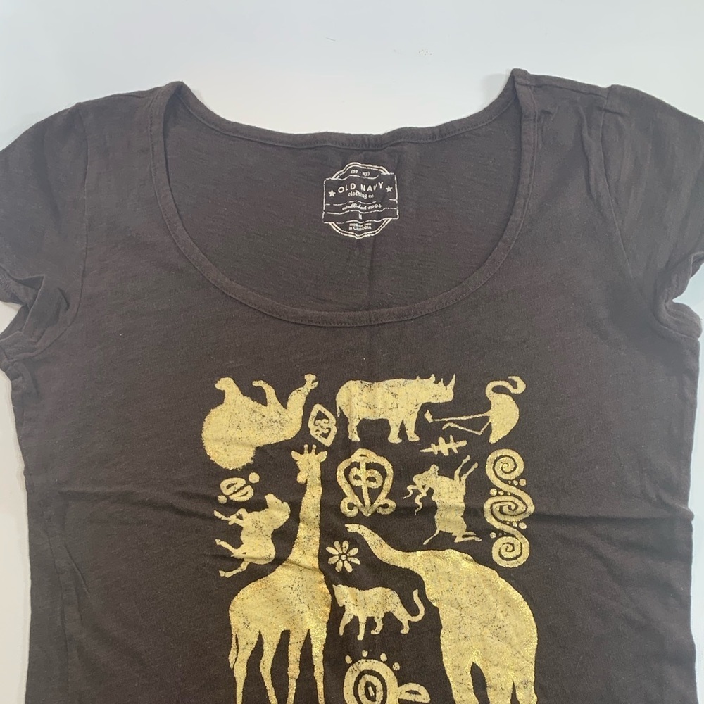 Old Navy | Brown Tee Gold Animal Print Medium Top - Picture 5 of 6